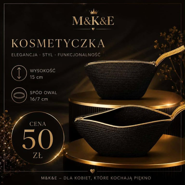 M&K&E luxury black cosmetic bowls set with gold handles and measuring specifications, priced at 50 zloty
