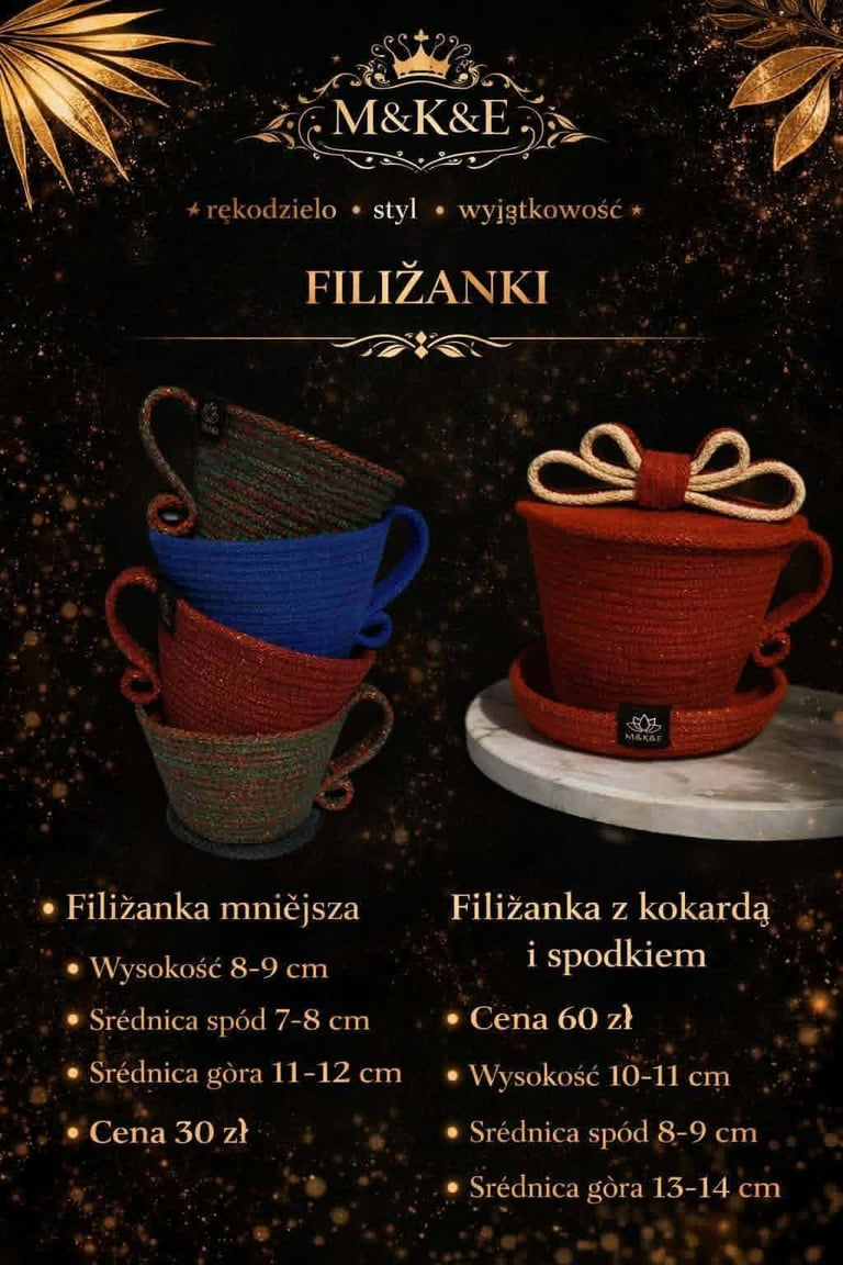 Luxury handwoven teacups with handles from M&K&E, displayed on black background with gold accents and product specifications in Polish