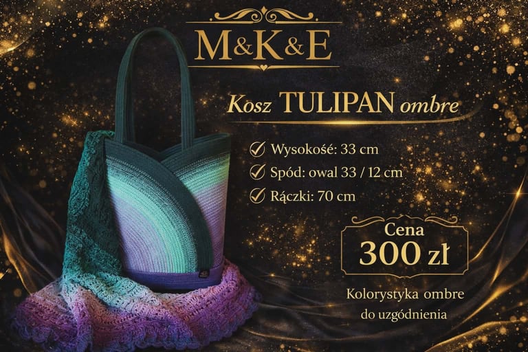 M&K&E Kosz TULIPAN ombre luxury tote bag with glittery teal to purple gradient, dimensions 33cm height, priced at 300 zł