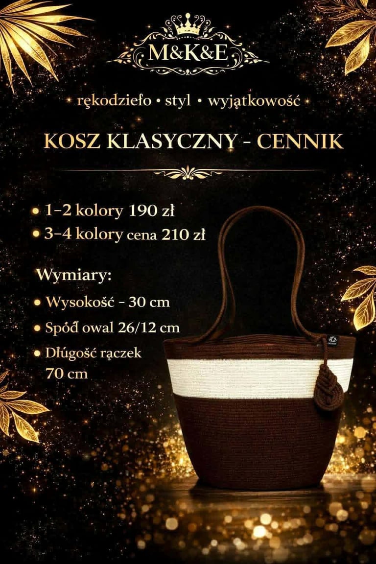 Advertisement for M&K&E classic basket with pricing, color options, and dimensions on black background with gold accents