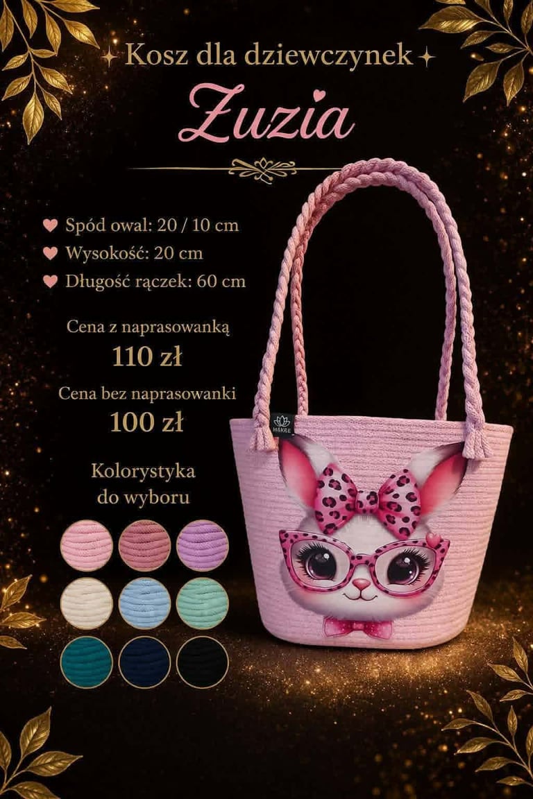 Pink childrens basket bag called Zuzia with cute cat face design, showing product details and available color options