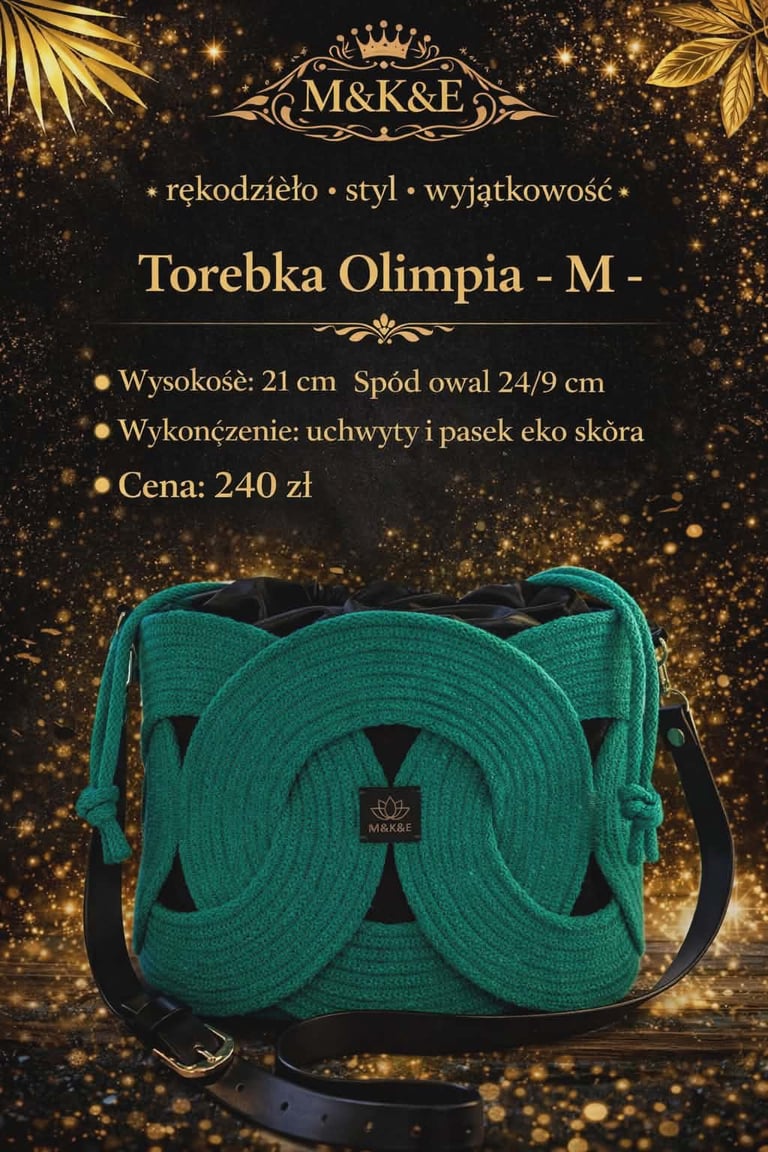 Teal Olimpia handbag with ornate logo on black background with gold sparkles, dimensions and price listed