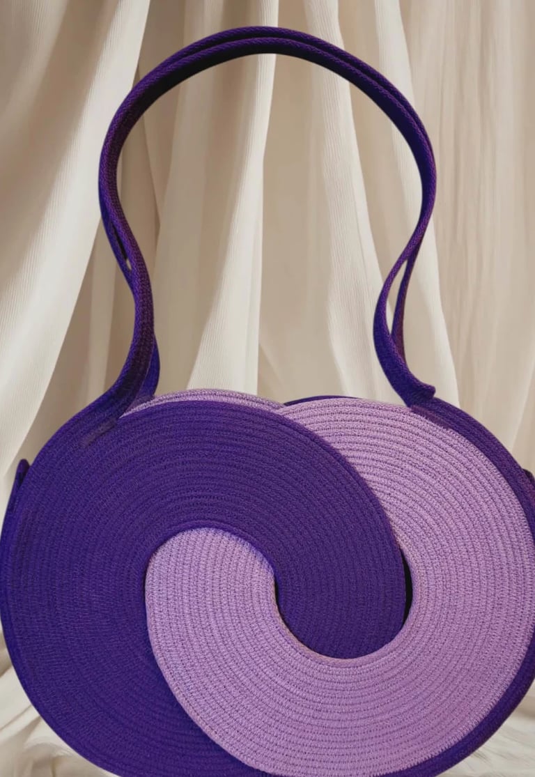 Purple ombre woven circular shoulder bag with handles displayed against a cream textured curtain backdrop