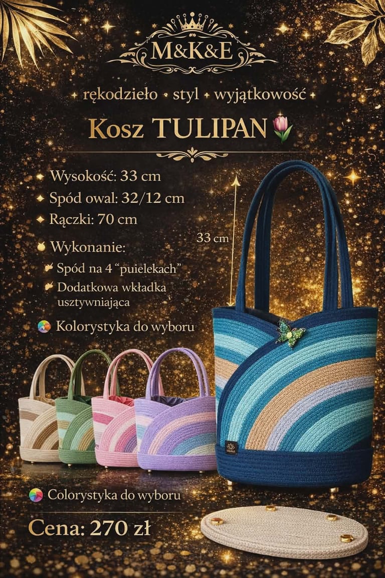 M&K&E Kosz Tulipan product showcase featuring colorful woven baskets with handles and measurements, priced at 270 zł