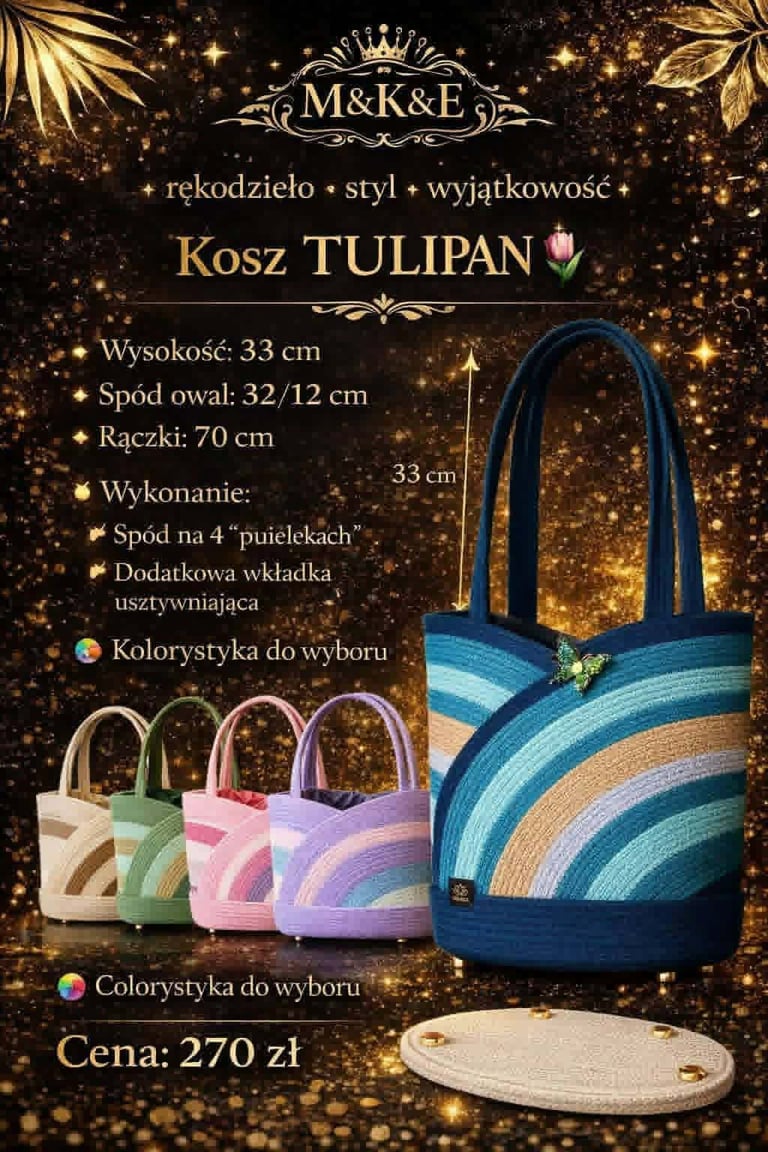 M&K&E Kosz Tulipan product display showing colorful striped tote bags in multiple color options with specifications and price 270 zl