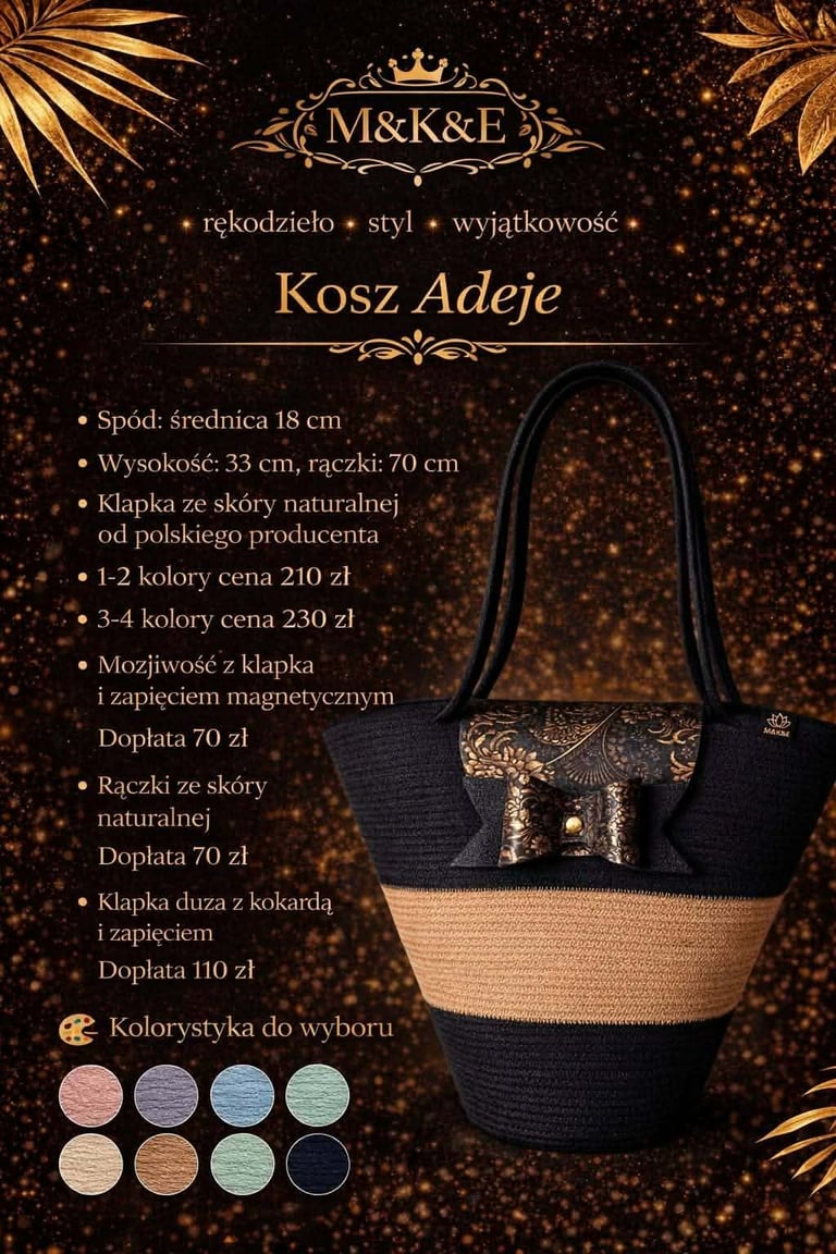Black and beige woven tote bag with gold bow embellishment displayed on dark sparkly background with product details and color swatches