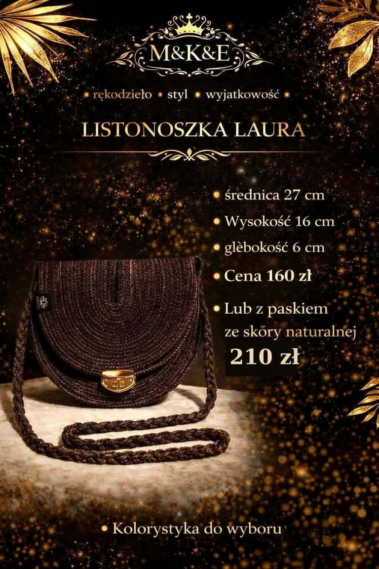 Black woven crossbody bag with gold hardware, product details, pricing in Polish, M&K&E brand, gold leaf decorative elements