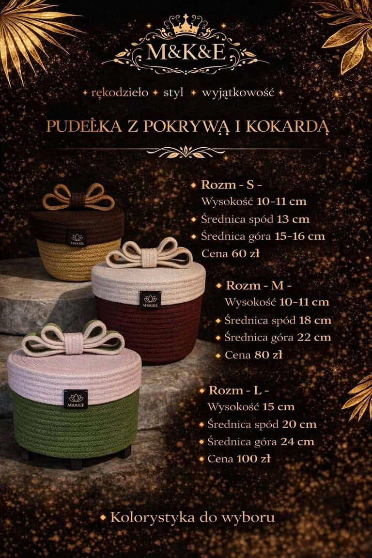 M&K&E luxury decorative baskets with bows in three sizes and colors with pricing and dimensions