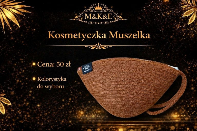 M&K&E Kosmetyczka Muszelka brown seashell-shaped cosmetic bag priced at 50 zl on luxurious gold and black background