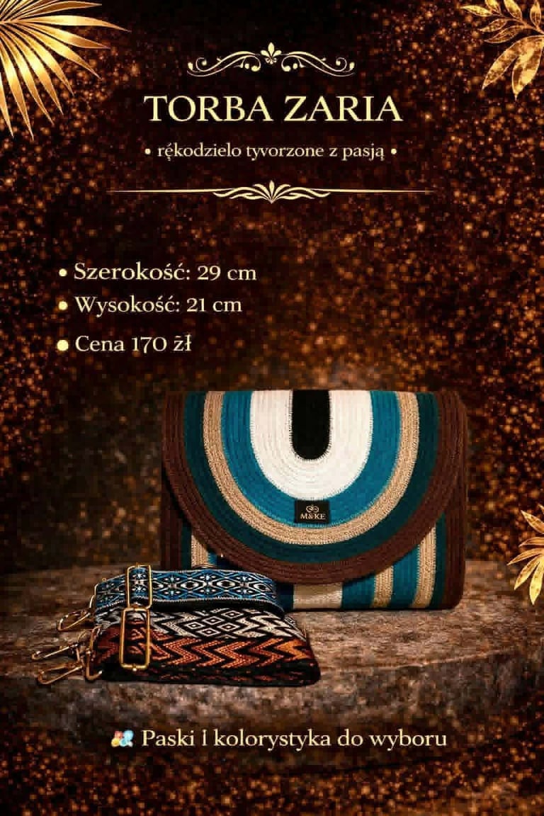 Torba Zaria handmade striped shoulder bag with teal, white, and brown colors, priced at 170 PLN, dimensions 29cm x 21cm