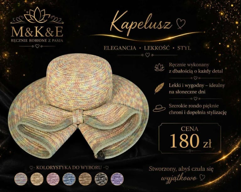 Straw sun hat with wide brim and green bow, product advertisement with price 180 zl and brand M&K&E Kapelusz