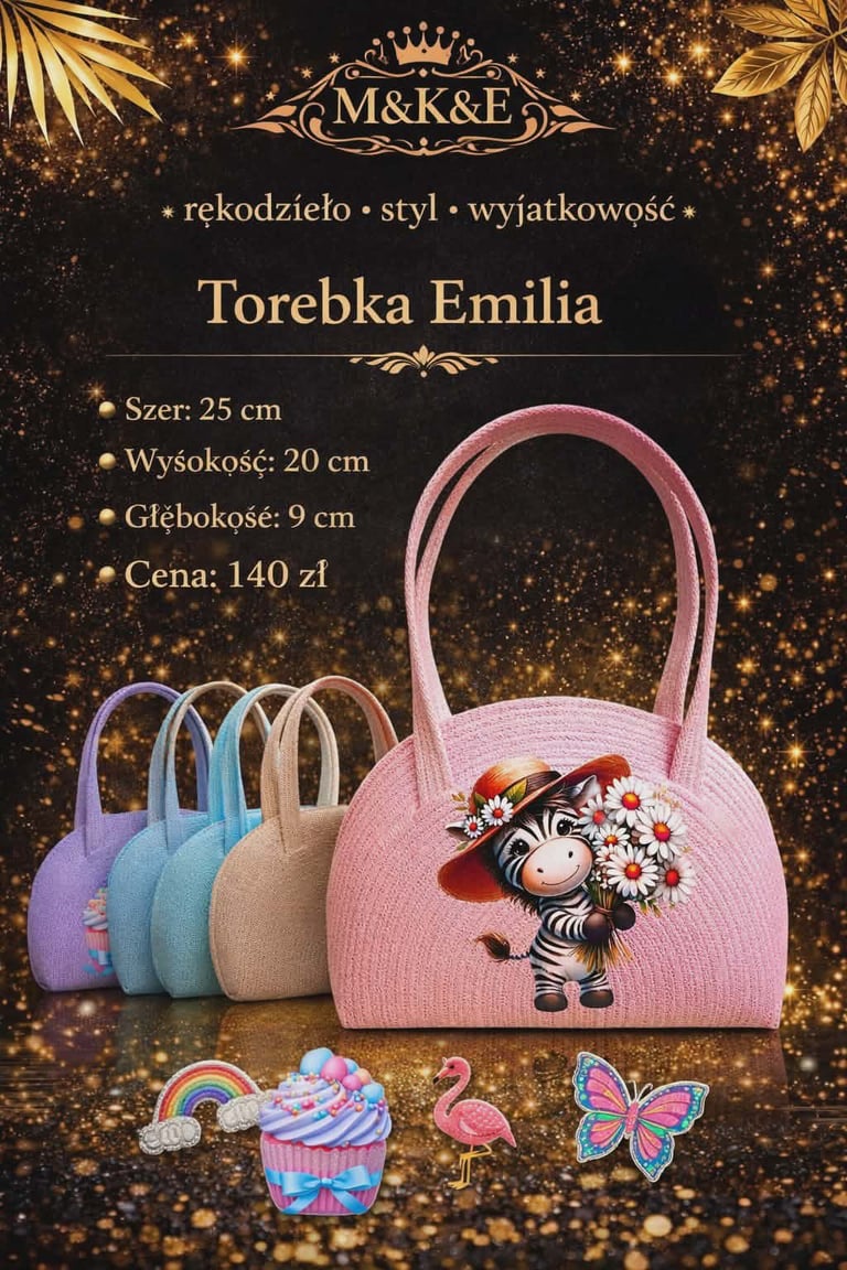 Pink knit handbag Emilia with zebra design and available color options, dimensions and price displayed