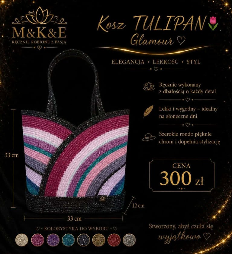 Colorful rainbow striped beaded handbag with dimensions and 300 zł price, featuring product details and color swatches