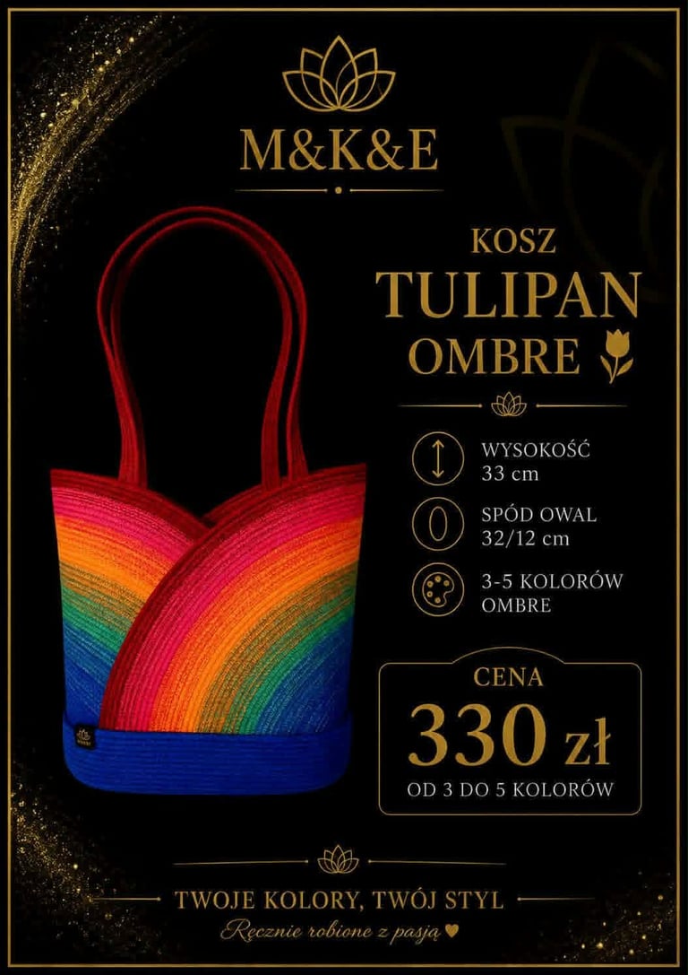Rainbow ombre knit tote bag by M&K&E with product specifications and 330 zloty price on black background