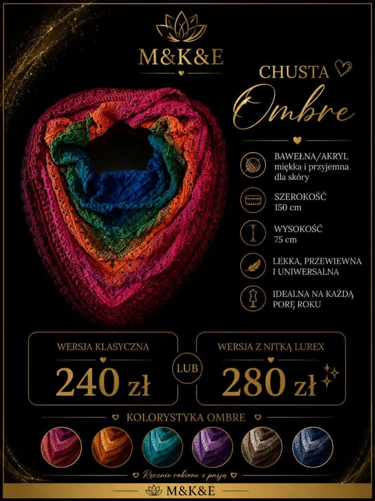 M&K&E Chusta Ombre colorful heart-shaped knit wrap product advertisement with pricing and color variants