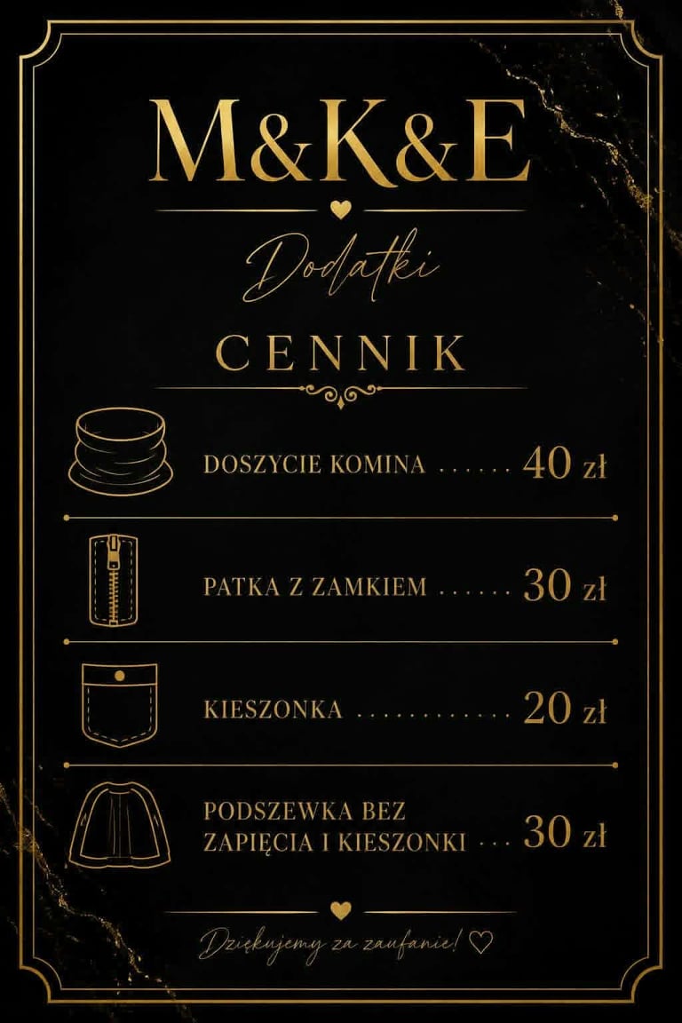 M&K&E dodatkowe cenniki menu in Polish with pricing for piercing services in gold text on black marble background