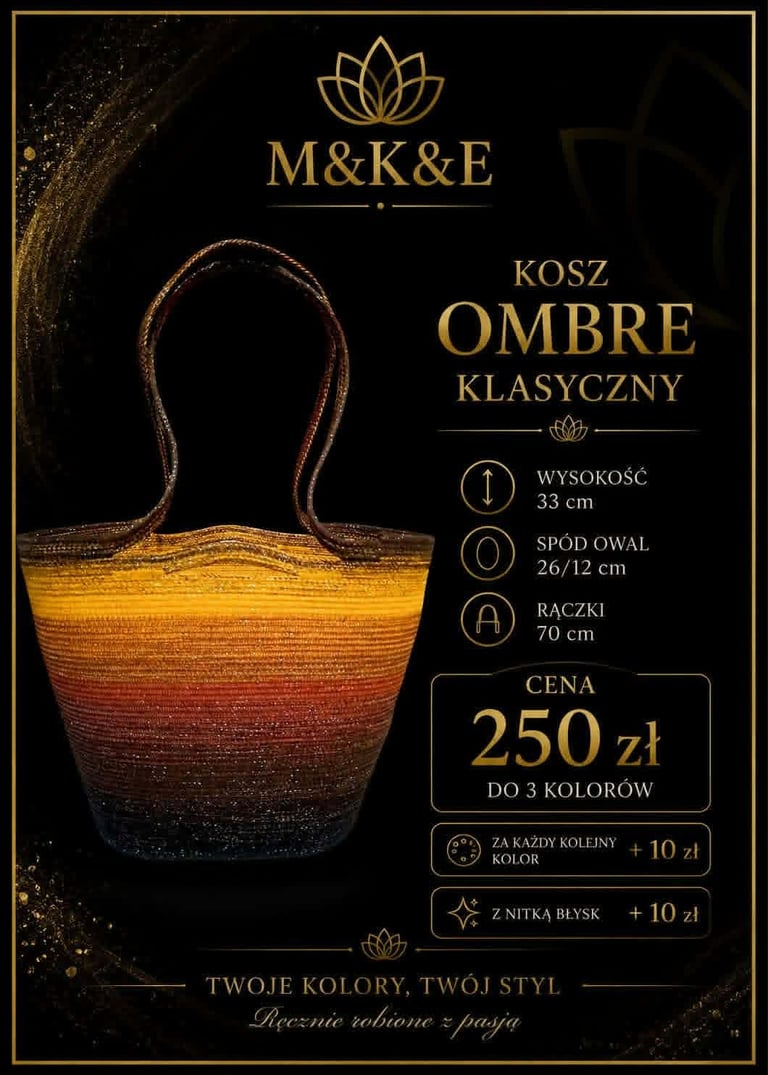 M&K&E ombre basket product poster with pricing and specifications in Polish on black and gold background