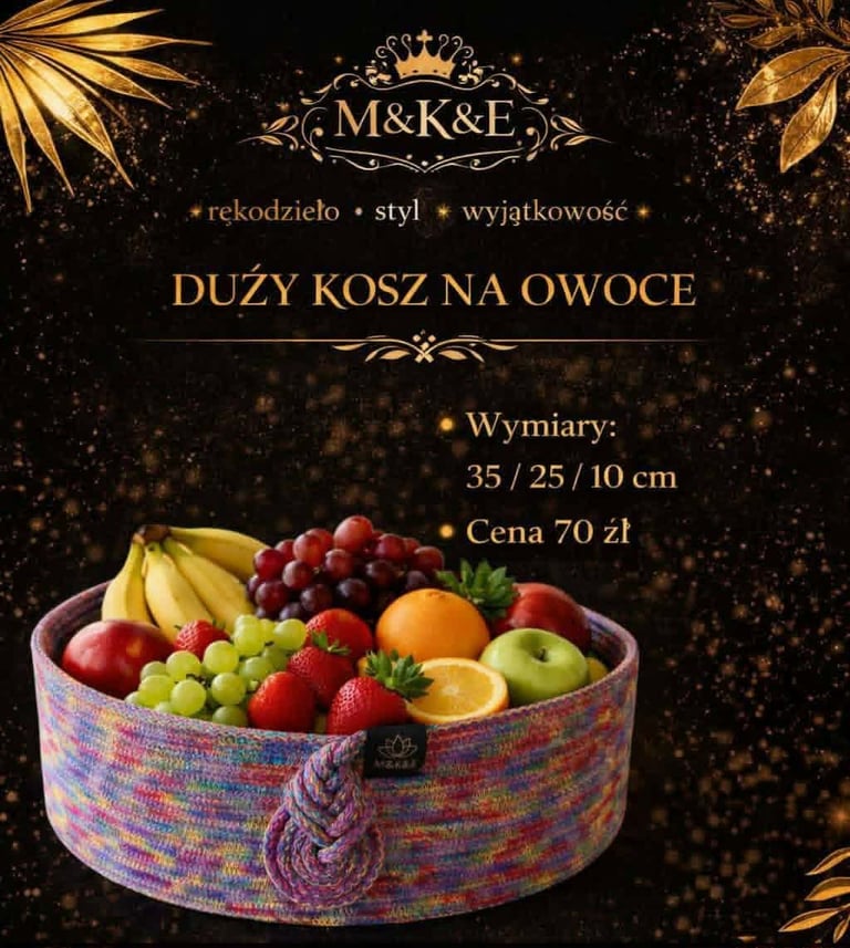 Luxury fruit basket promotional poster with colorful woven basket filled with fresh fruits, M&K&E branding, Polish text describing product sizes and price