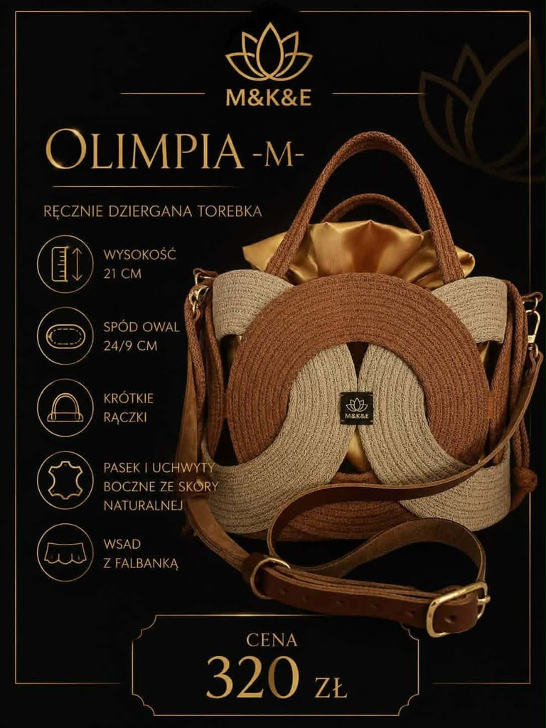 Brown woven leather handbag Olimpia-M with straw details, price 320 zł, featuring product specifications icons