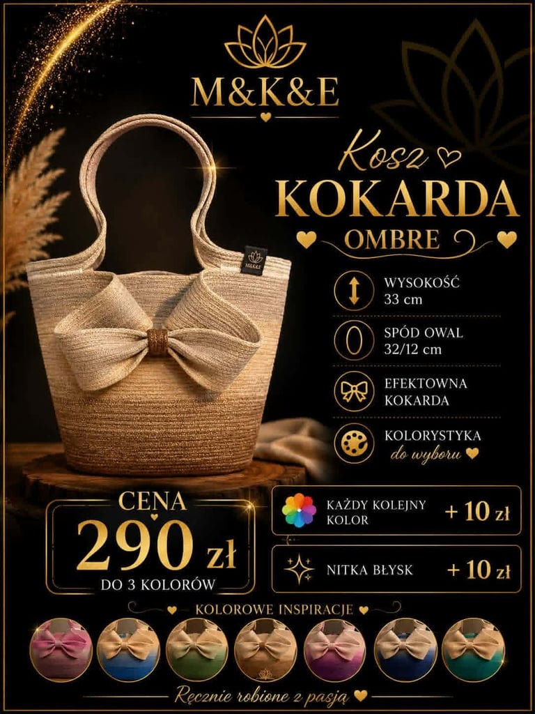 Beige straw woven basket handbag with bow detail, featuring product specifications and pricing for the Kosa Kokarda Ombre design