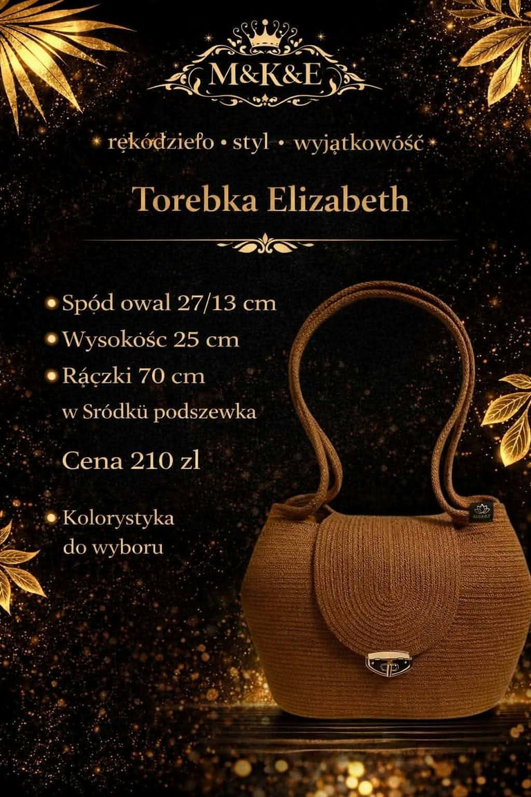 Brown woven handbag Elizabeth on black background with gold accents and product specifications listed