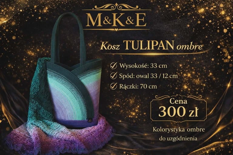 M&K&E Kosz TULIPAN ombre handbag with specifications and 300 zł price displayed on sparkly gold background