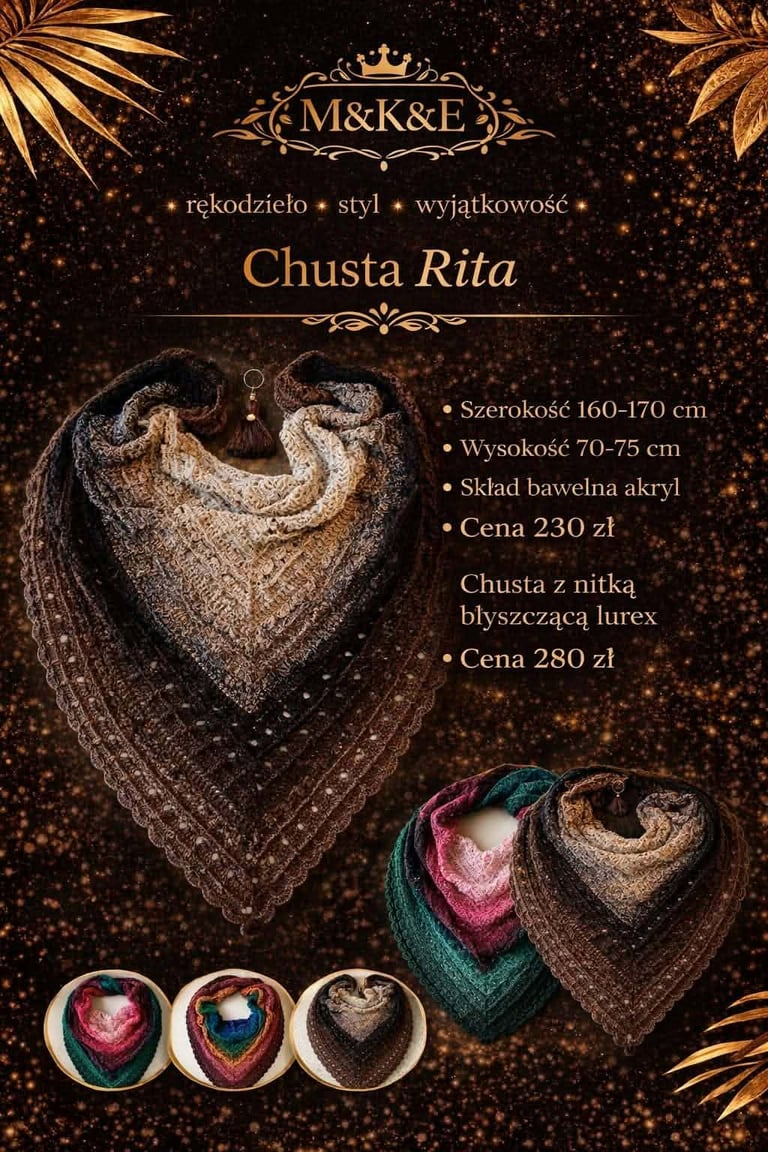 Product poster for Chusta Rita shawl by M&K&E, featuring beige heart-shaped scarves on dark background with pricing and specifications in Polish