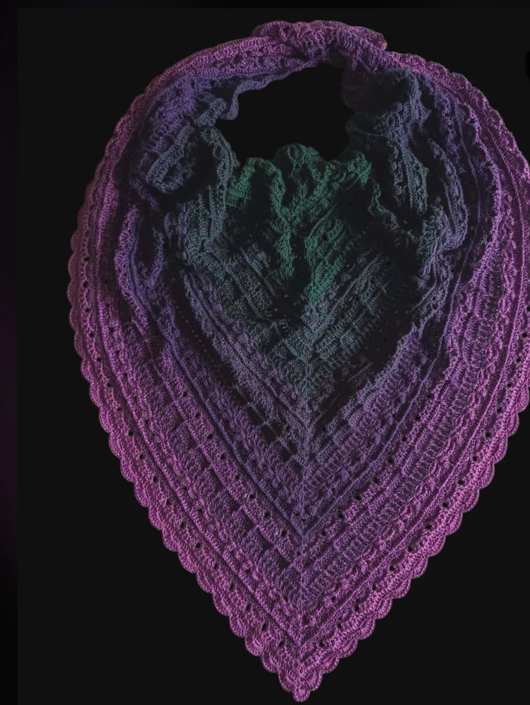 3D digital rendering of concentric teardrop shapes in purple and teal against a black background