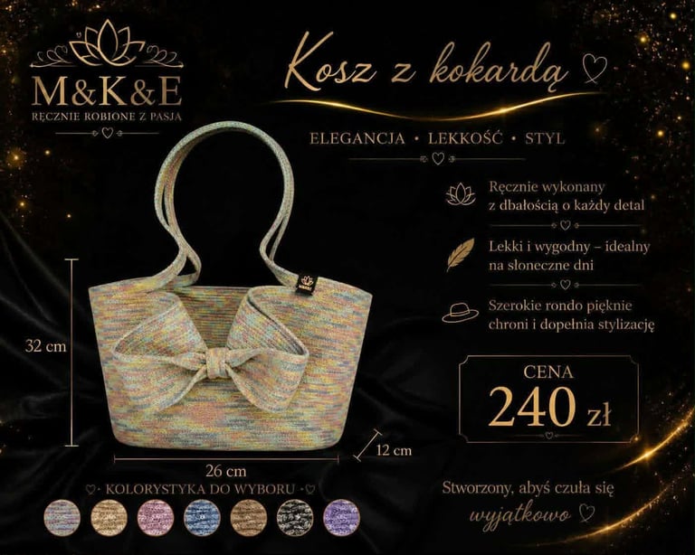 Gold woven basket bag with bow detail, 26cm wide, 32cm tall, priced at 240 zl, shown with measurements and color swatches