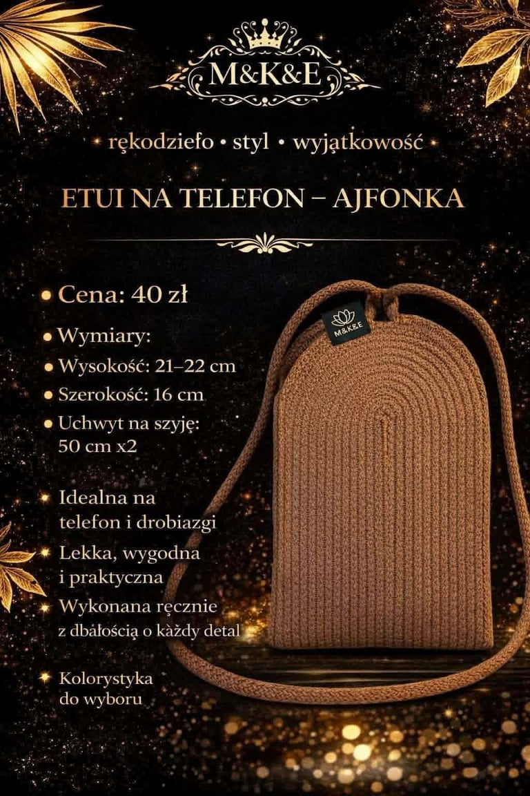Beige knitted phone pouch with handles displayed against black background with gold accents and product details from M&K&E brand