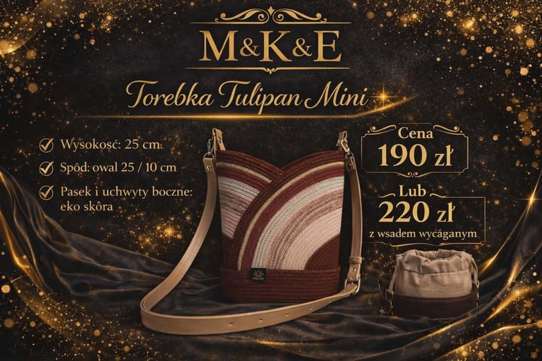 M&K&E Torebka Julipan Mini bag product packaging showing burgundy striped handbag with specifications and pricing in Polish