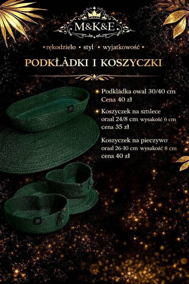 M&K&E Polish product catalog showing green placemats and coasters with prices listed on luxurious gold and black background