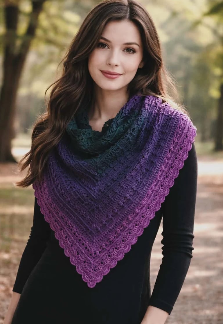 Young woman with long brown hair wearing a black long-sleeve top and purple gradient knit shawl, standing outdoors on a tree-lined path