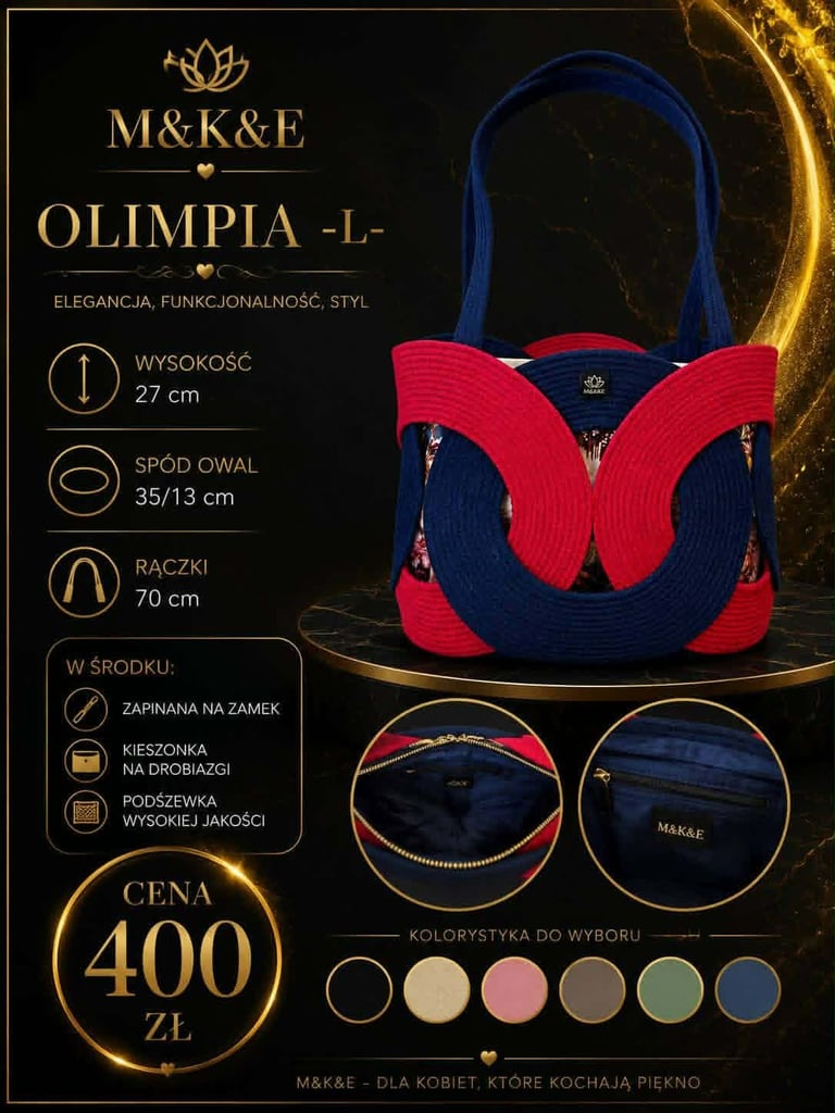 M&K&E Olimpia handbag in navy blue and red with specifications and color swatches displayed