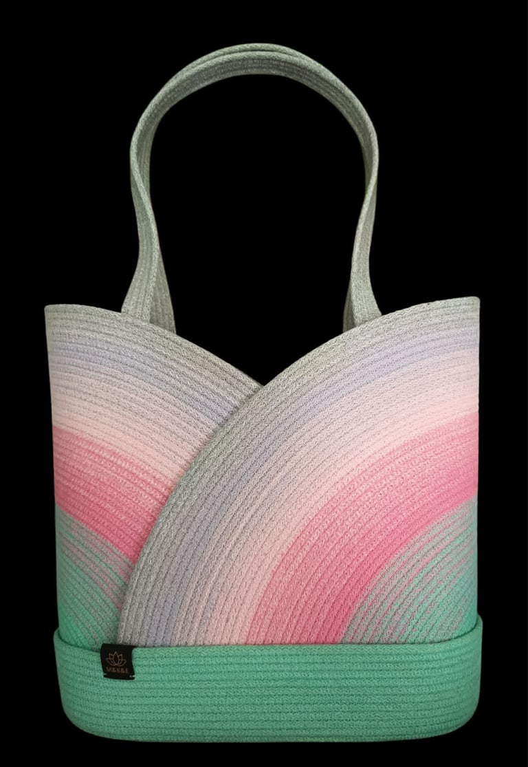 Woven tote bag with gradient design transitioning from green at bottom through pink to light gray at top, featuring dual handles