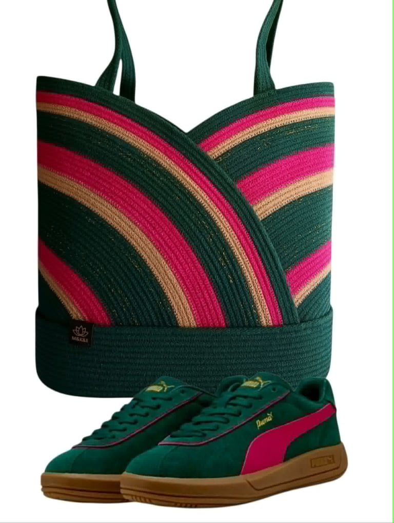 Green crop top with pink and tan stripes alongside matching sneakers with gum sole
