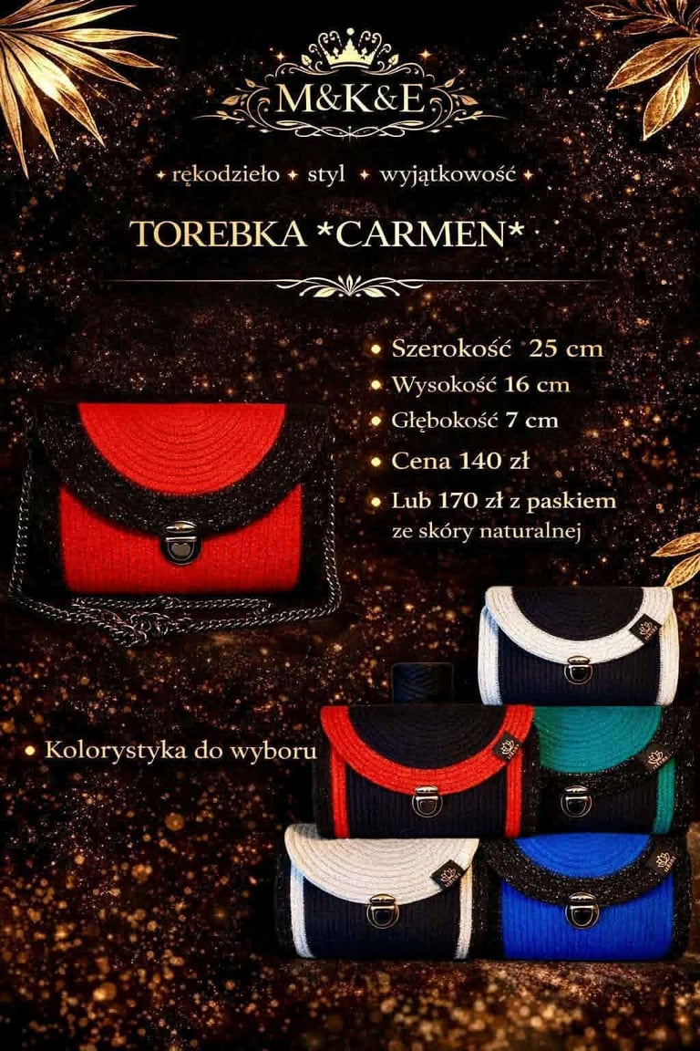 Red quilted Carmen clutch bag by M&K&E brand with product details and color options displayed on black background