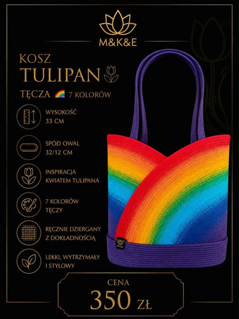 Rainbow knitted tulip-shaped tote bag with purple handles, M&K&E brand, priced at 350 zł