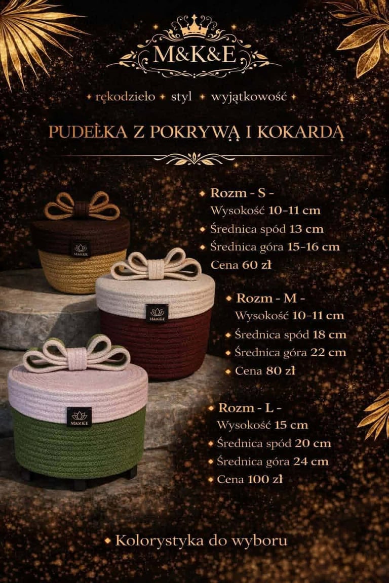 M&K&E luxury baskets with rope handles in three sizes and colors, showing dimensions and prices in Polish