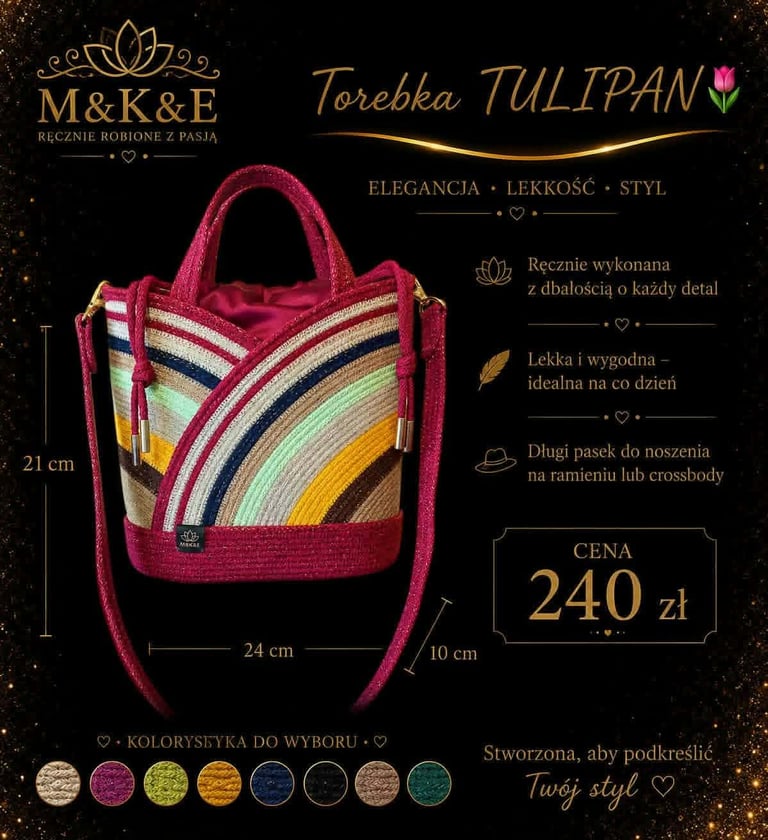 Pink crocheted handbag with rainbow stripes and handles, dimensions labeled, priced at 240 zl