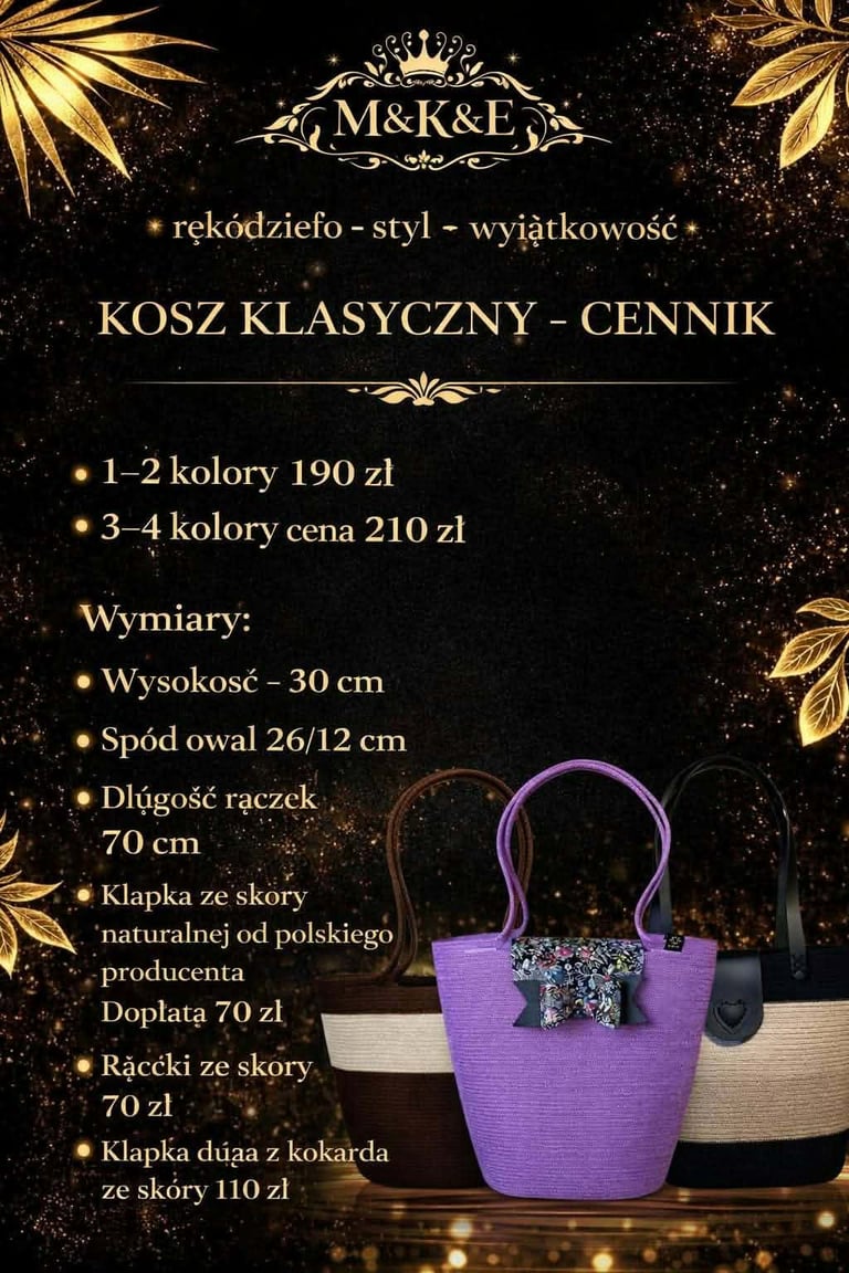 Polish fashion boutique promotion for classic basket bags with pricing, dimensions, and product details on black background with gold accents
