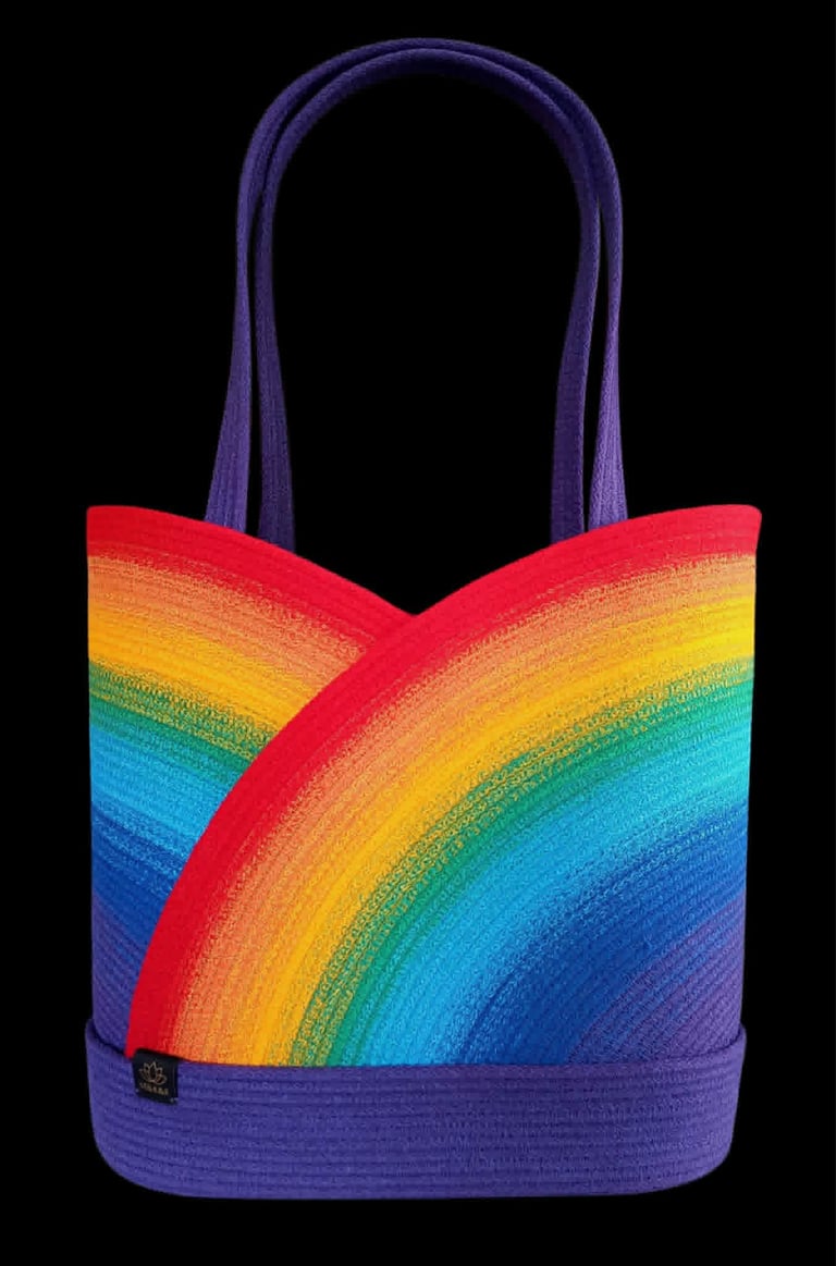 Purple tote bag with rainbow arc design on front and matching purple handles