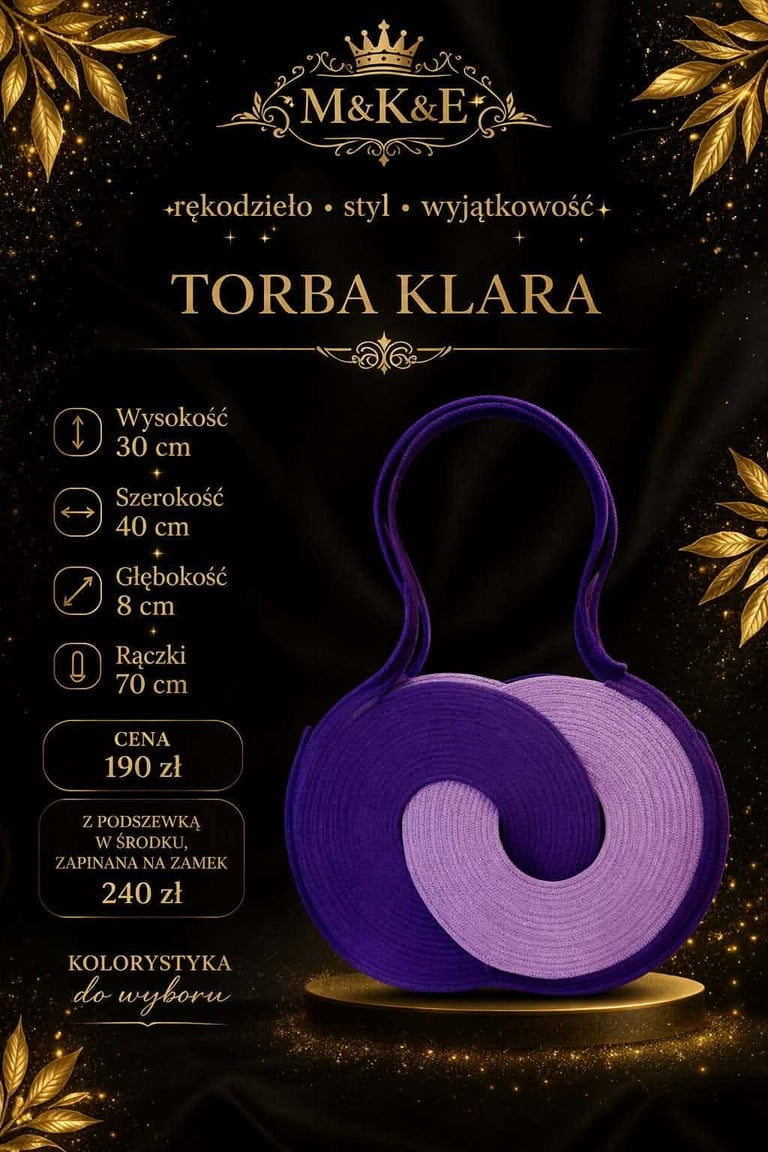 Purple and pink decorative bag handle or clasp labeled Torba Klara, displayed on golden background with product specifications