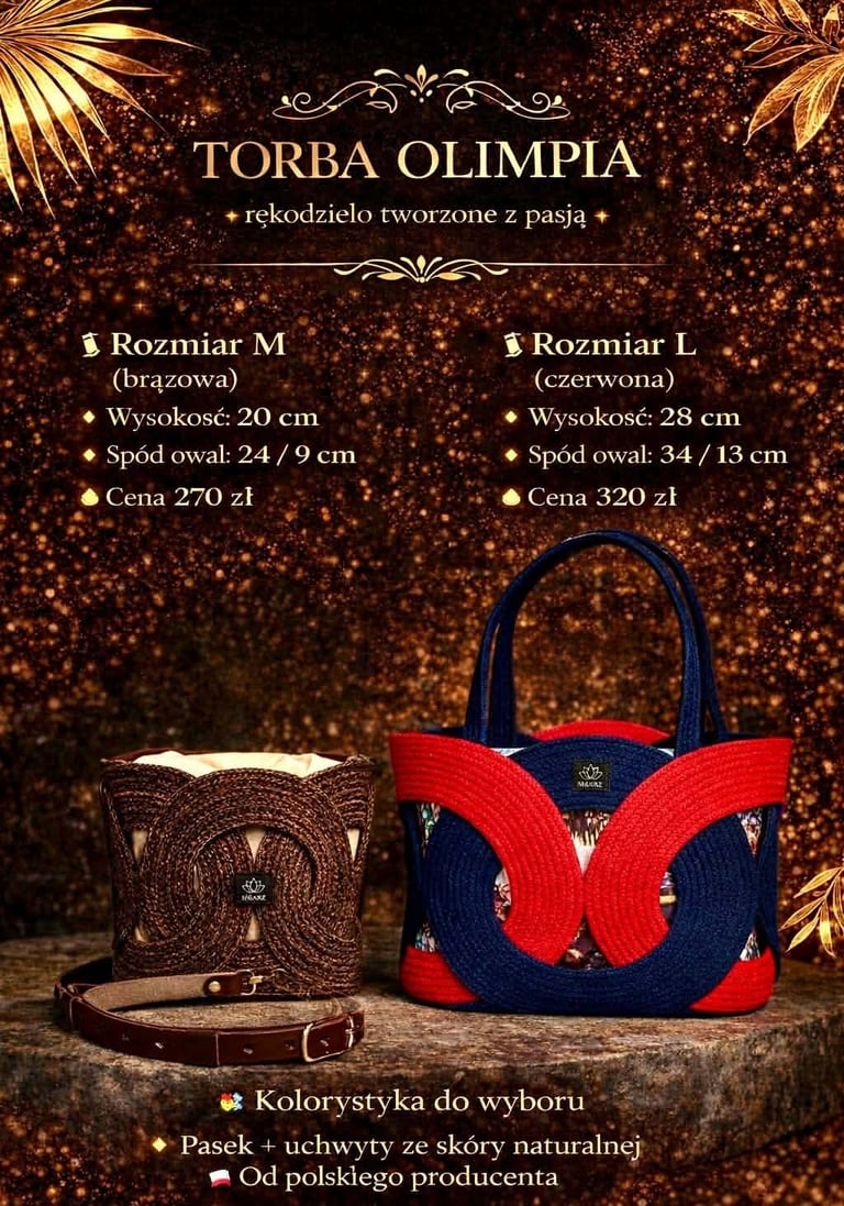 Two handmade Torba Olimpia bags in sizes M and L with dimensions and prices displayed against a gold sparkle background