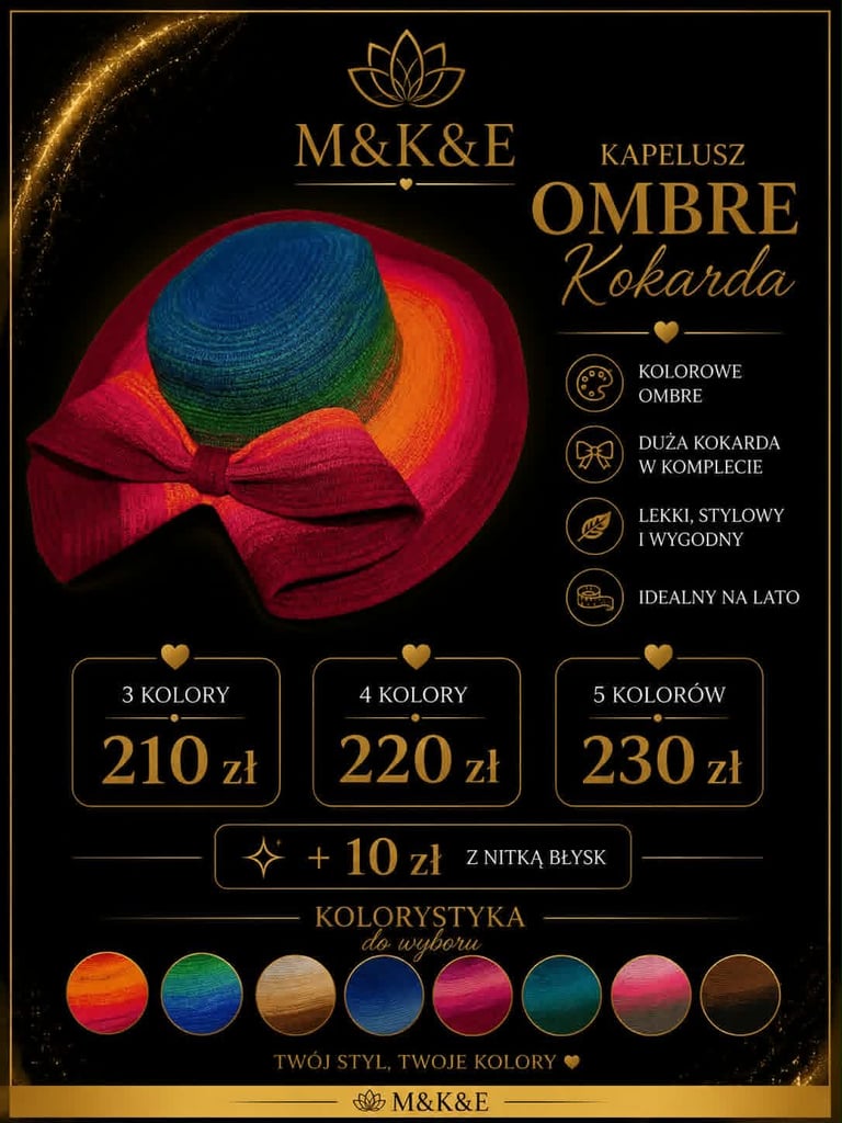 M&K&E Ombre Kapelusz product advertisement featuring a colorful rainbow gradient bucket hat with pink bow, pricing options from 210-230 zł, and color selection palette below