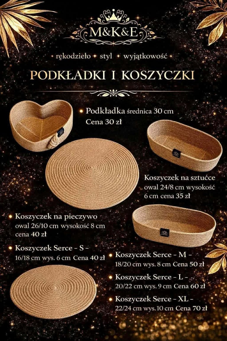 Product catalog page showing woven baskets and placemats with prices in Polish, featuring M&K&E brand logo and gold decorative elements on black background.